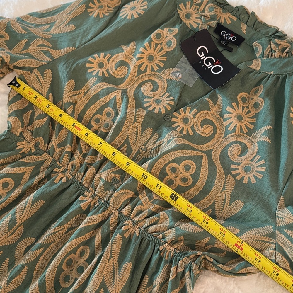 Gigio Romantic Sage Textured Print Tiered  Midi- Maxi Dress w/ Bell Sleeves, NWT - Picture 10 of 16